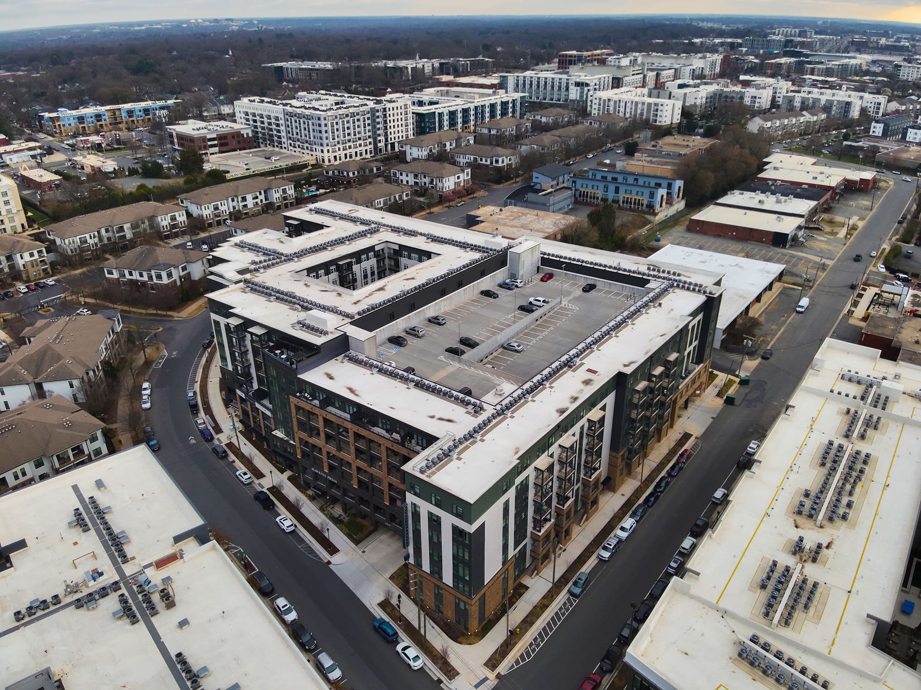Exterior of Hawkins Press apartments in Charlotte’s South End