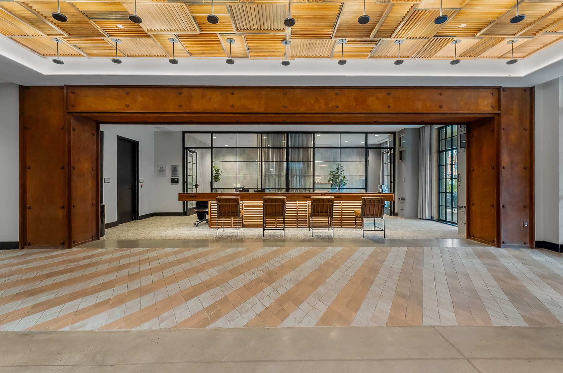 Modern lobby at Hawkins Press apartments in Charlotte’s South End