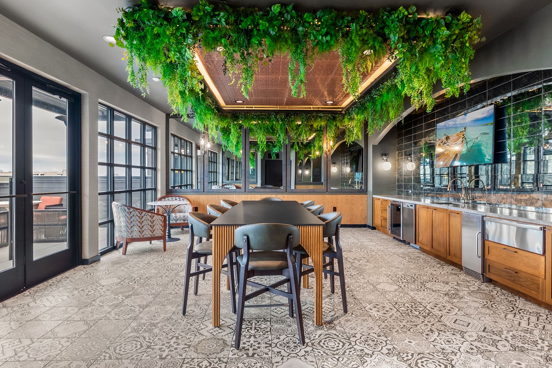 Residents gathered in the Sky Lounge at Hawkins Press apartments in Charlotte